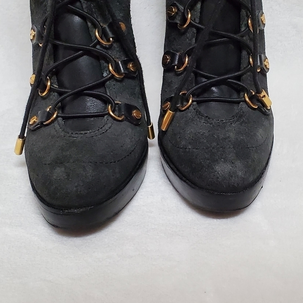 TORY Burch Halima Gray Camel Suede Gold Accent Lace-up Platform Ankle Booties 9M - Picture 5 of 15